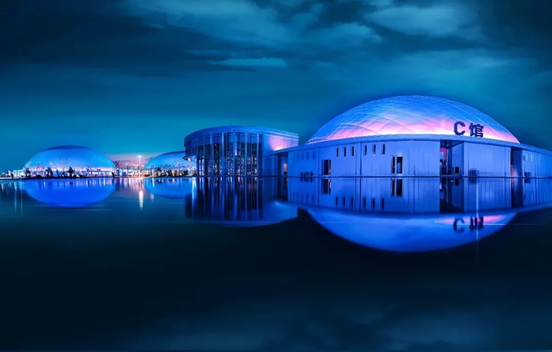 Blue-lit air-supported venue at Zibo Exhibition Centre
